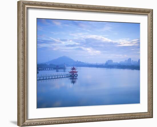 Taiwan, Kaohsiung, Lotus Pond, View of Bridge Leading to Spring and Autumn Pagodas with Statue of S-Jane Sweeney-Framed Photographic Print