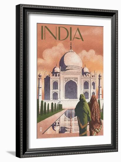 Taj Mahal, India - Lithograph Style-Lantern Press-Framed Art Print