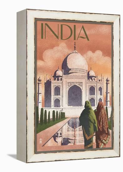 Taj Mahal, India - Lithograph Style-Lantern Press-Framed Stretched Canvas