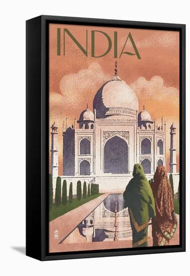 Taj Mahal, India - Lithograph Style-Lantern Press-Framed Stretched Canvas