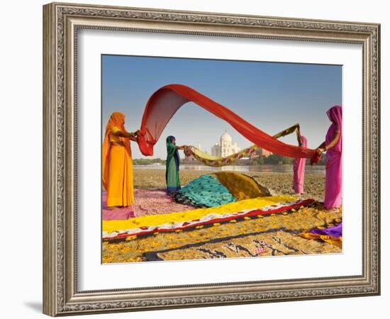 Taj Mahal, UNESCO World Heritage Site, across Yamuna River, Women Drying Colourful Saris, Agra, Utt-Gavin Hellier-Framed Photographic Print