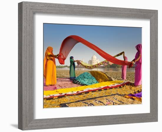 Taj Mahal, UNESCO World Heritage Site, across Yamuna River, Women Drying Colourful Saris, Agra, Utt-Gavin Hellier-Framed Photographic Print