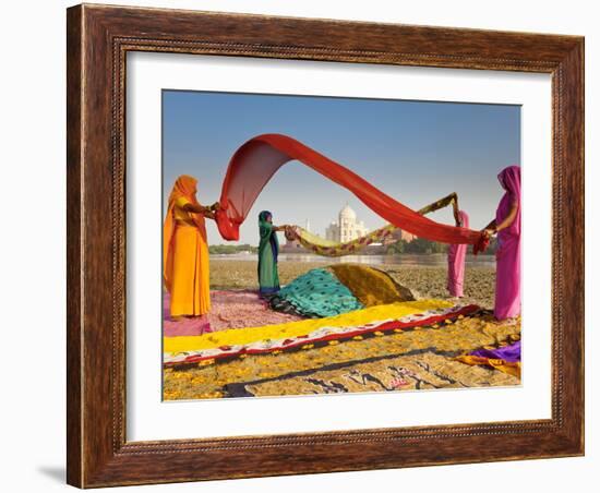 Taj Mahal, UNESCO World Heritage Site, across Yamuna River, Women Drying Colourful Saris, Agra, Utt-Gavin Hellier-Framed Photographic Print