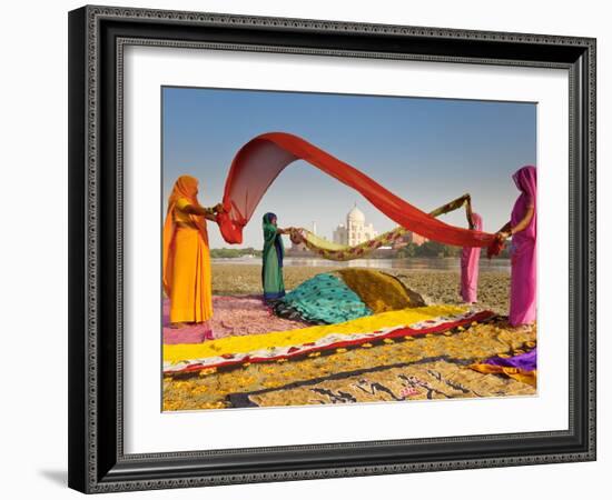 Taj Mahal, UNESCO World Heritage Site, across Yamuna River, Women Drying Colourful Saris, Agra, Utt-Gavin Hellier-Framed Photographic Print