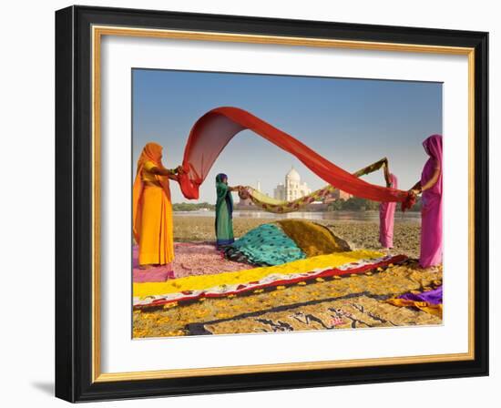 Taj Mahal, UNESCO World Heritage Site, across Yamuna River, Women Drying Colourful Saris, Agra, Utt-Gavin Hellier-Framed Photographic Print