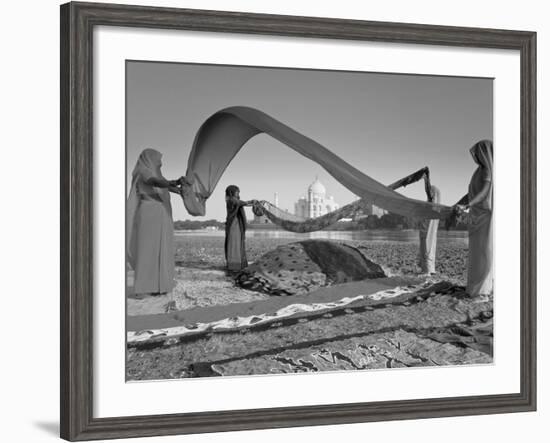 Taj Mahal, UNESCO World Heritage Site, across Yamuna River, Women Drying Colourful Saris, Agra, Utt-Gavin Hellier-Framed Photographic Print