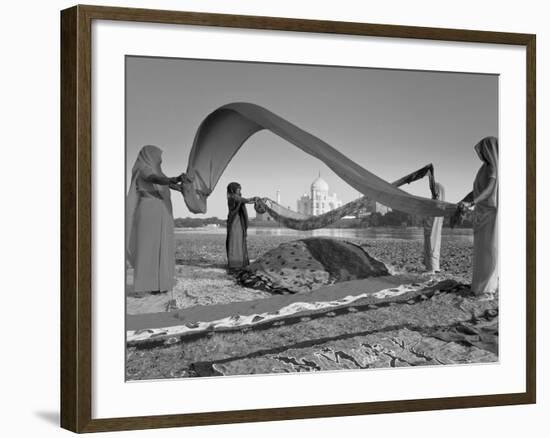 Taj Mahal, UNESCO World Heritage Site, across Yamuna River, Women Drying Colourful Saris, Agra, Utt-Gavin Hellier-Framed Photographic Print