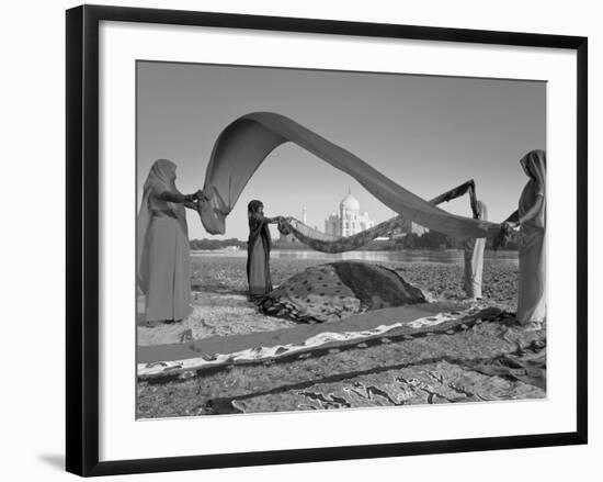 Taj Mahal, UNESCO World Heritage Site, across Yamuna River, Women Drying Colourful Saris, Agra, Utt-Gavin Hellier-Framed Photographic Print