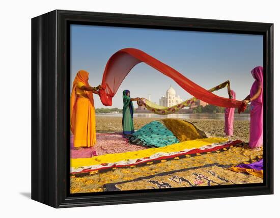 Taj Mahal, UNESCO World Heritage Site, across Yamuna River, Women Drying Colourful Saris, Agra, Utt-Gavin Hellier-Framed Premier Image Canvas