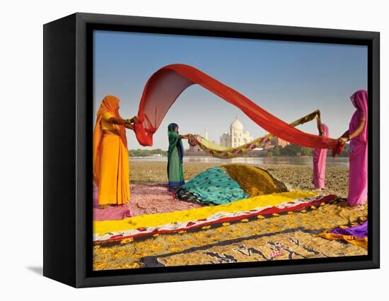 Taj Mahal, UNESCO World Heritage Site, across Yamuna River, Women Drying Colourful Saris, Agra, Utt-Gavin Hellier-Framed Premier Image Canvas