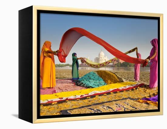 Taj Mahal, UNESCO World Heritage Site, across Yamuna River, Women Drying Colourful Saris, Agra, Utt-Gavin Hellier-Framed Premier Image Canvas