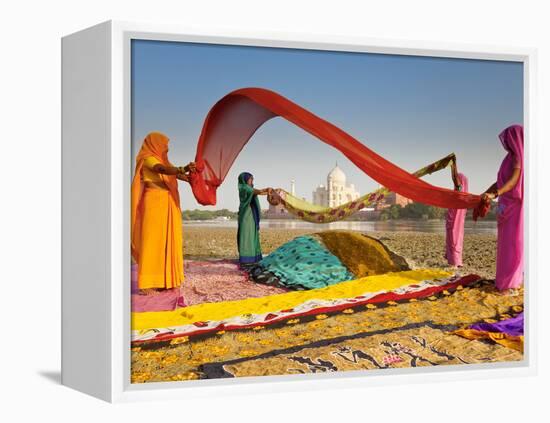 Taj Mahal, UNESCO World Heritage Site, across Yamuna River, Women Drying Colourful Saris, Agra, Utt-Gavin Hellier-Framed Premier Image Canvas