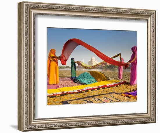 Taj Mahal, UNESCO World Heritage Site, across Yamuna River, Women Drying Colourful Saris, Agra, Utt-Gavin Hellier-Framed Photographic Print