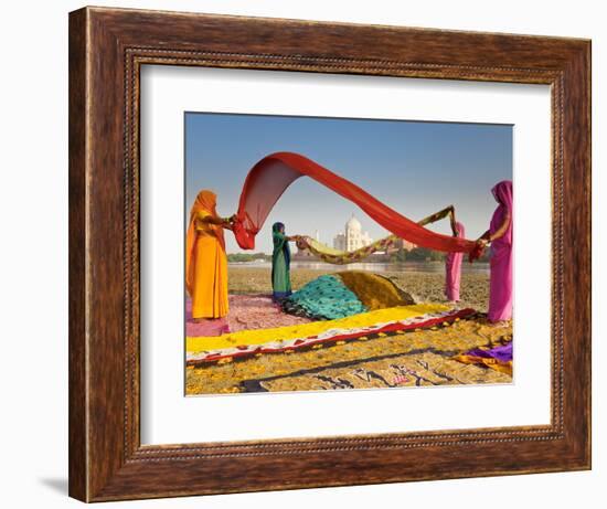 Taj Mahal, UNESCO World Heritage Site, across Yamuna River, Women Drying Colourful Saris, Agra, Utt-Gavin Hellier-Framed Photographic Print