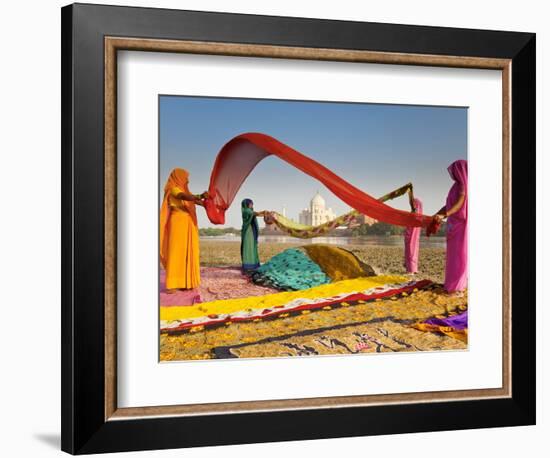 Taj Mahal, UNESCO World Heritage Site, across Yamuna River, Women Drying Colourful Saris, Agra, Utt-Gavin Hellier-Framed Photographic Print