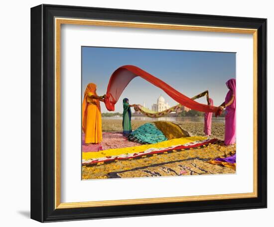 Taj Mahal, UNESCO World Heritage Site, across Yamuna River, Women Drying Colourful Saris, Agra, Utt-Gavin Hellier-Framed Photographic Print