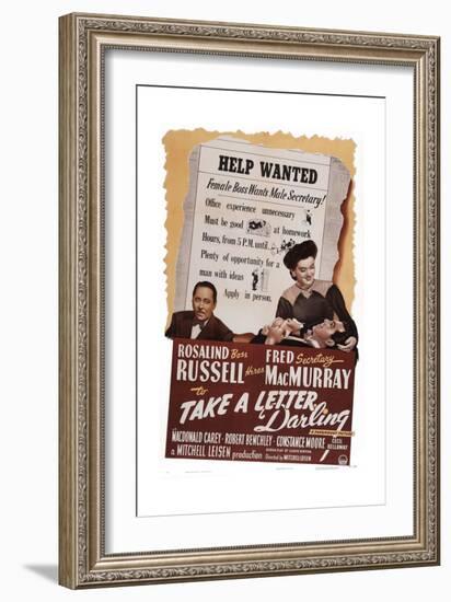 Take a Letter, Darling, from Left: Robert Benchley, Fred Macmurray, Rosalind Russell, 1942-null-Framed Art Print