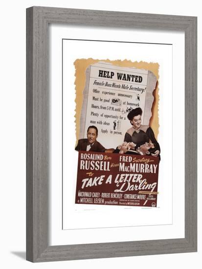 Take a Letter, Darling, from Left: Robert Benchley, Fred Macmurray, Rosalind Russell, 1942-null-Framed Art Print