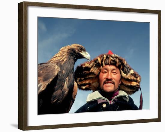 Takhuu Head Eagle Man, Altai Sum, Golden Eagle Festival, Mongolia-Amos Nachoum-Framed Photographic Print