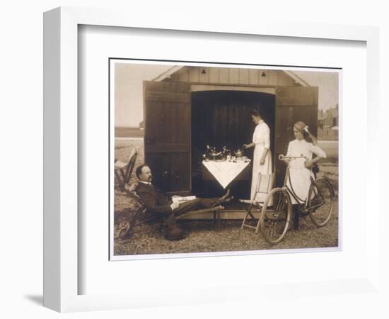 Taking Afternoon Tea in a Beach Hut at Felixstowe Suffolk England-null-Framed Art Print