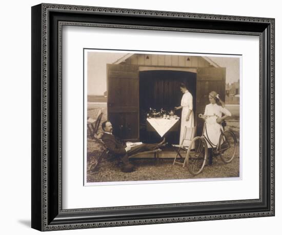 Taking Afternoon Tea in a Beach Hut at Felixstowe Suffolk England-null-Framed Art Print