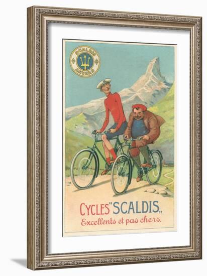 Tall and Fat Guy Riding Bicycles in Mountains-null-Framed Art Print