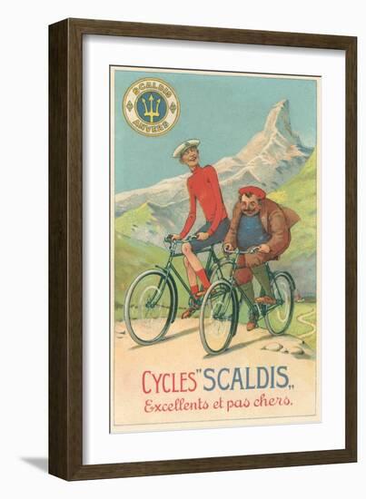 Tall and Fat Guy Riding Bicycles in Mountains-null-Framed Art Print