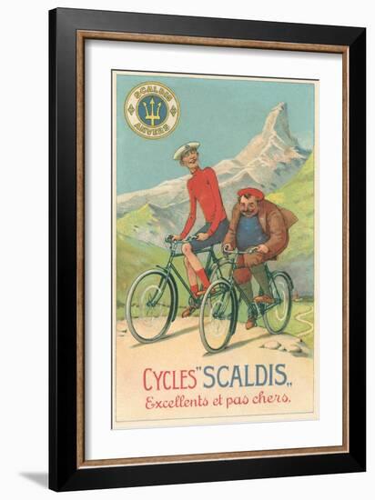 Tall and Fat Guy Riding Bicycles in Mountains-null-Framed Art Print