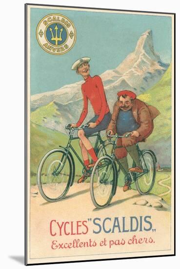 Tall and Fat Guy Riding Bicycles in Mountains-null-Mounted Art Print