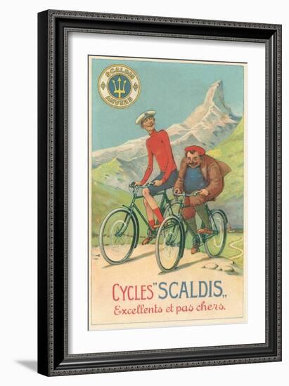 Tall and Fat Guy Riding Bicycles in Mountains-null-Framed Art Print