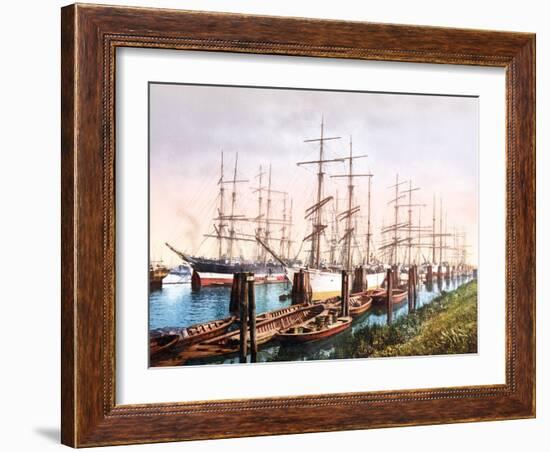 Tall Ships Mooring in the Harbour, Hamburg, Pub. C.1895-null-Framed Photographic Print