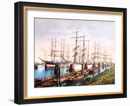 Tall Ships Mooring in the Harbour, Hamburg, Pub. C.1895-null-Framed Photographic Print