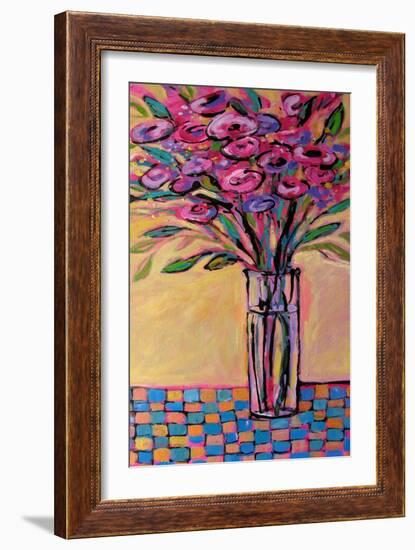 Tall Vase on Checkered Tablecloth-Patty Baker-Framed Art Print