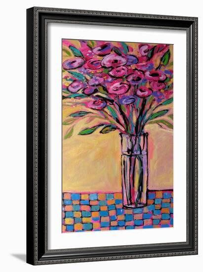 Tall Vase on Checkered Tablecloth-Patty Baker-Framed Art Print