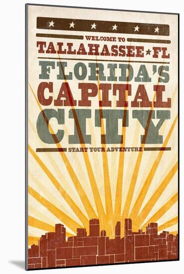 Tallahassee, Florida - Skyline and Sunburst Screenprint Style-Lantern Press-Mounted Art Print