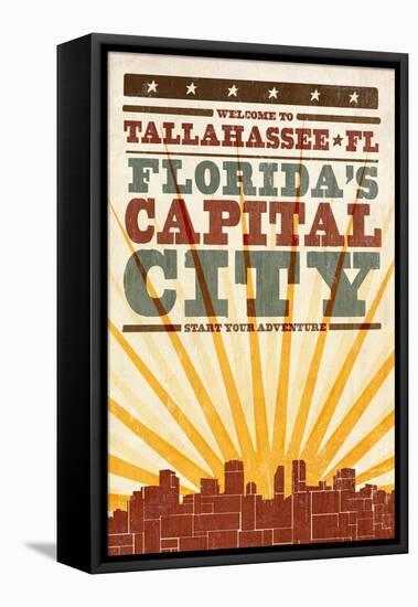 Tallahassee, Florida - Skyline and Sunburst Screenprint Style-Lantern Press-Framed Stretched Canvas