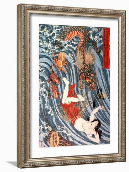 Tamatori Being Pursued by a Dragon-Kuniyoshi Utagawa-Framed Giclee Print