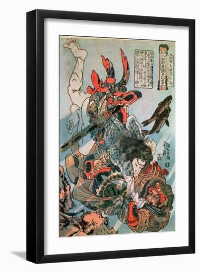 Tameijiro Dan Shogo Grappling with an Adversary under Water-Kuniyoshi Utagawa-Framed Giclee Print