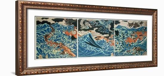 Tametomo's Shipwreck, Pub. C.1836, (Colour Woodblock Print)-Kuniyoshi Utagawa-Framed Giclee Print