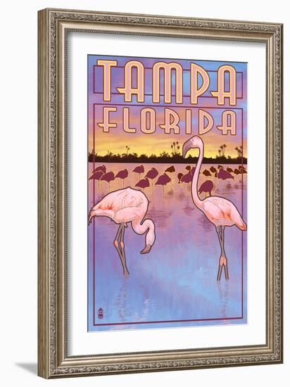 Tampa, Florida - Flamingos-Lantern Press-Framed Art Print