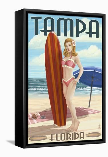 Tampa, Florida - Pinup Girl Surfing-Lantern Press-Framed Stretched Canvas