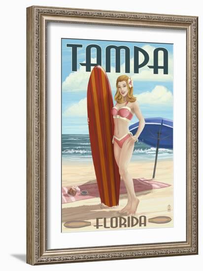 Tampa, Florida - Pinup Girl Surfing-Lantern Press-Framed Art Print