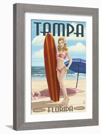 Tampa, Florida - Pinup Girl Surfing-Lantern Press-Framed Art Print