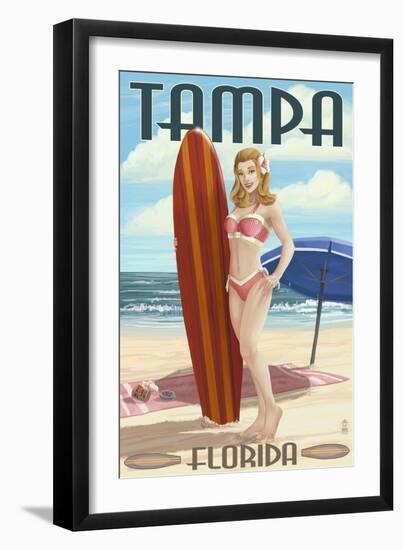Tampa, Florida - Pinup Girl Surfing-Lantern Press-Framed Art Print