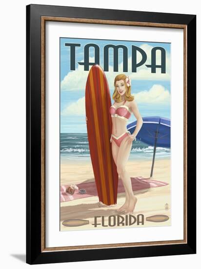 Tampa, Florida - Pinup Girl Surfing-Lantern Press-Framed Art Print