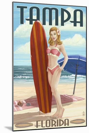 Tampa, Florida - Pinup Girl Surfing-Lantern Press-Mounted Art Print