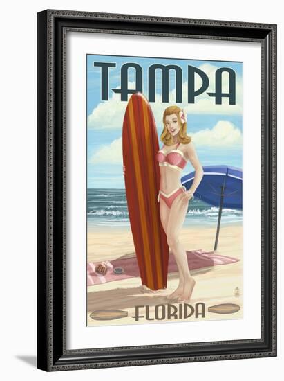 Tampa, Florida - Pinup Girl Surfing-Lantern Press-Framed Art Print