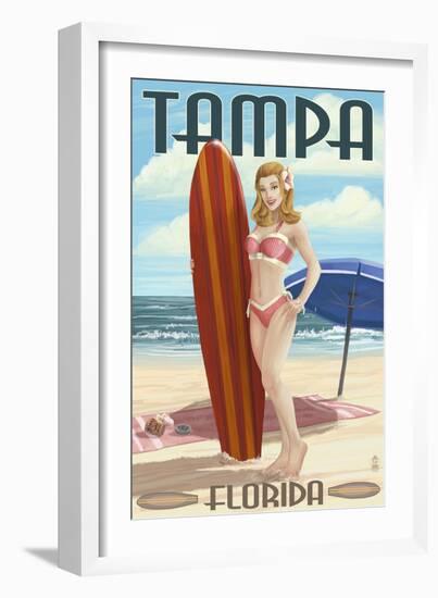 Tampa, Florida - Pinup Girl Surfing-Lantern Press-Framed Premium Giclee Print