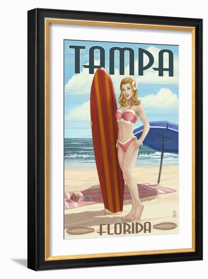 Tampa, Florida - Pinup Girl Surfing-Lantern Press-Framed Premium Giclee Print