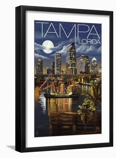 Tampa, Florida - Skyline at Night-Lantern Press-Framed Art Print